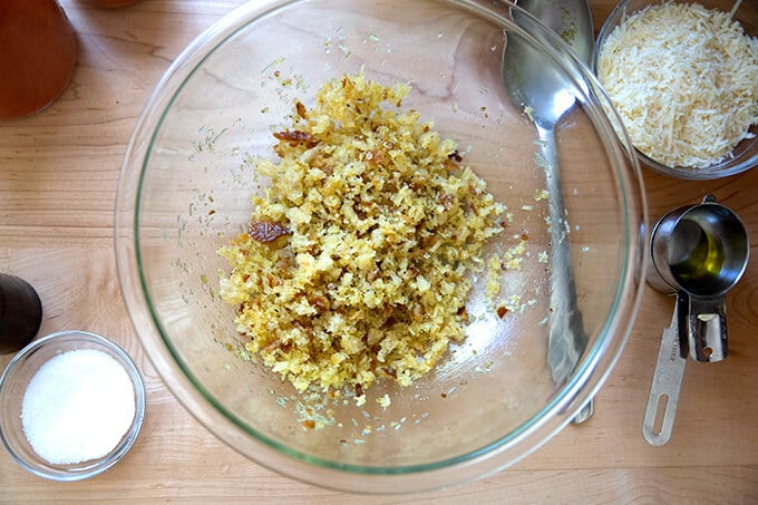 fresh bread crumbs, moistened with olive oil and cheese