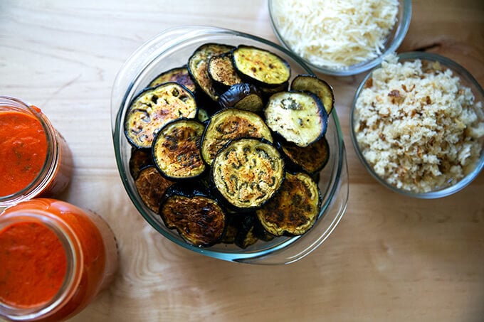 The components for the eggplant parmesan on a counter.