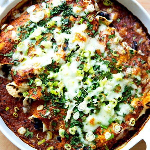 Just-baked black bean and cheese enchiladas.