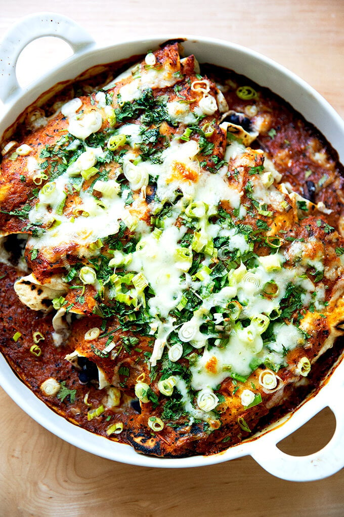 Just-baked black bean and cheese enchiladas.