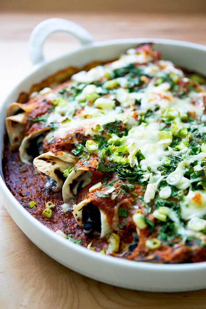 Just-baked black bean and cheese enchiladas.