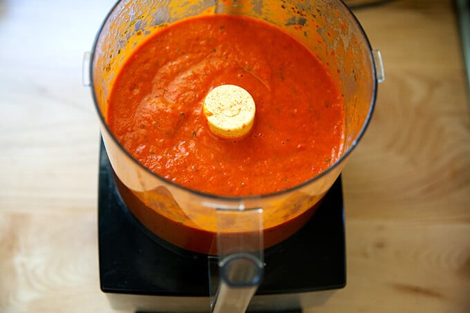 Tomato-basil sauce in a food processor.