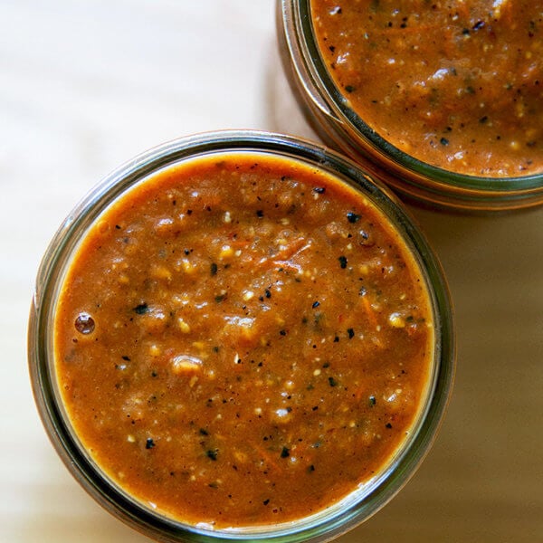 An overhead shot of quick red enchilada sauce.