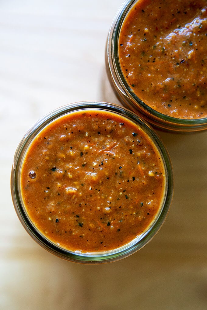 An overhead shot of quick red enchilada sauce.