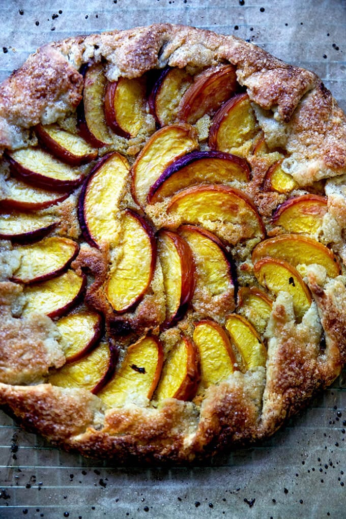 A just-baked peach-frangipane galette.