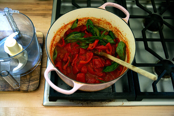 A pot of tomato-basil sauce.