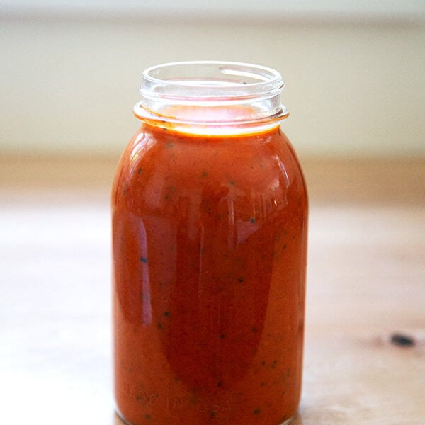 A jar of tomato-basil sauce.