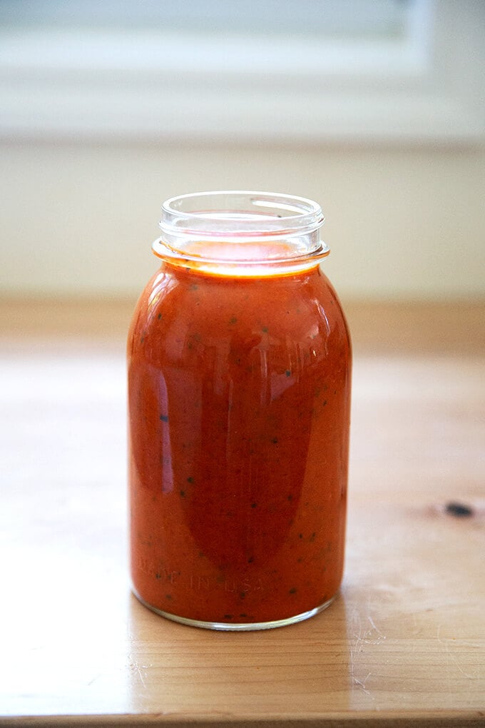 A jar of tomato-basil sauce.