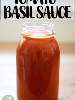 A jar of tomato basil sauce.