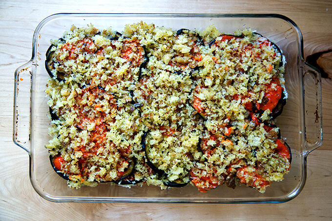 Eggplant parmesan ready for the oven.