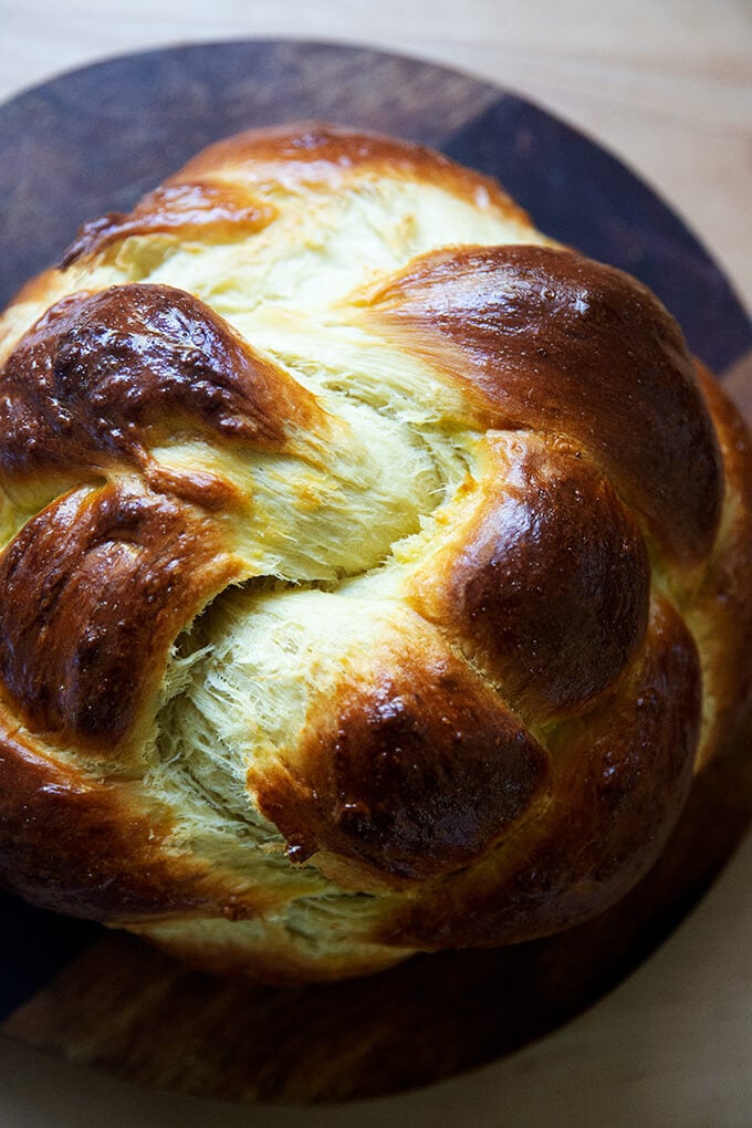 Freshly baked Challah on a board.