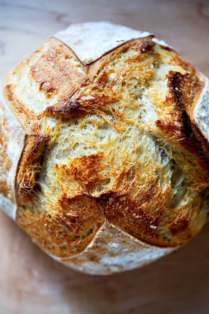 A just-baked sourdough boule.