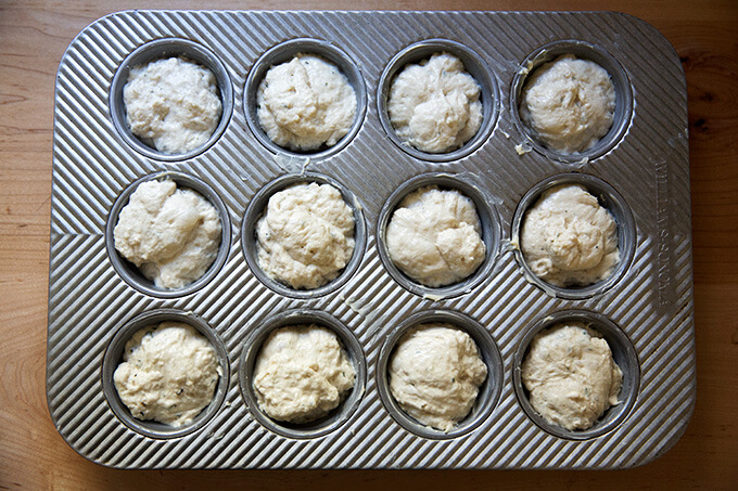 A muffin tin filled with dinner roll dough.