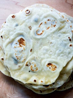 A stack of sourdough flour tortillas.