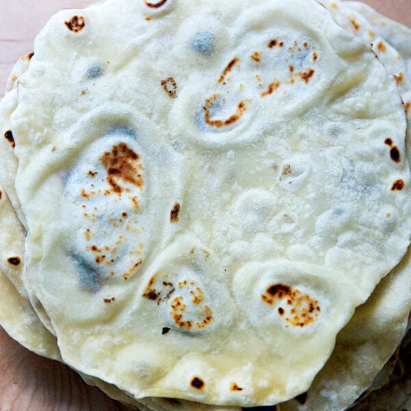 A stack of sourdough flour tortillas.