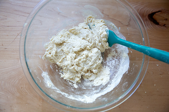 The sourdough tortilla dough in a bowl.