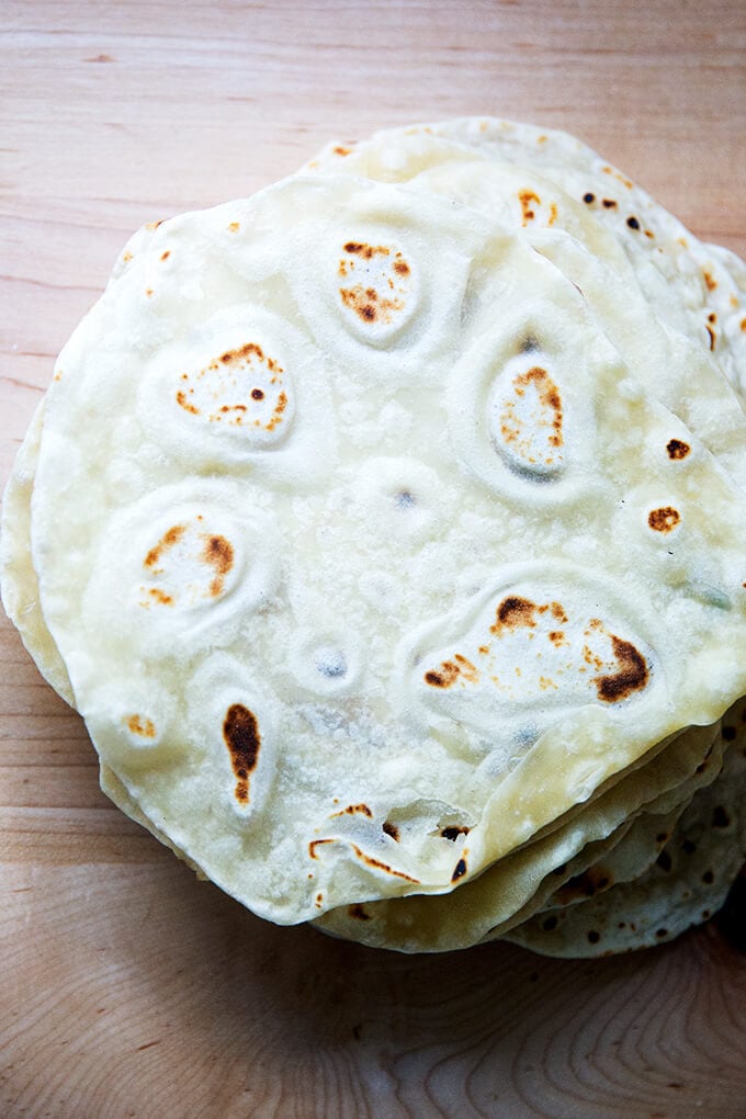 A stack of sourdough flour tortillas.