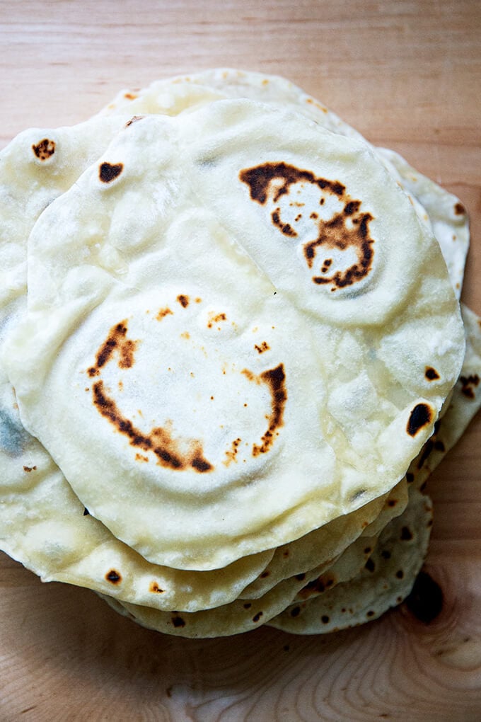 A stack of sourdough flour tortillas.