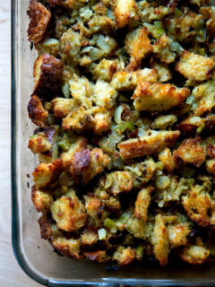 Classic bread stuffing in a 9x13-inch baking dish.