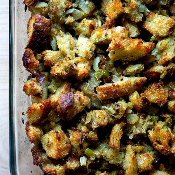 Classic bread stuffing in a 9x13-inch baking dish.