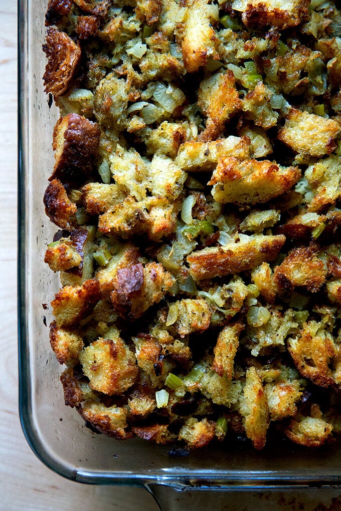 Classic bread stuffing in a 9x13-inch baking dish.