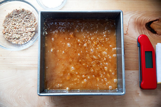 Layer of caramel in a pan for toffee. 