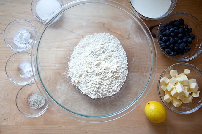 Ingredients on a board for blueberry scones.