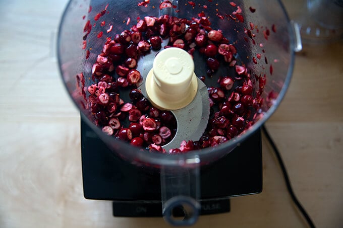 Pulsed cranberries in a food processor.