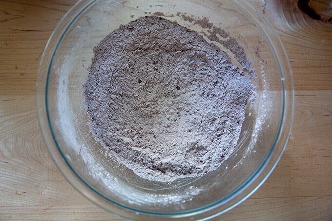 Dry ingredients for chocolate sugar cookies, whisked together.