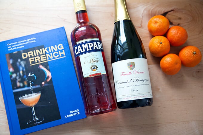 Ingredients to make Tangerine spritzes from David Lebovitz's Drinking French.