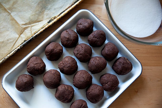 Portioned chocolate sugar cookie dough balls.