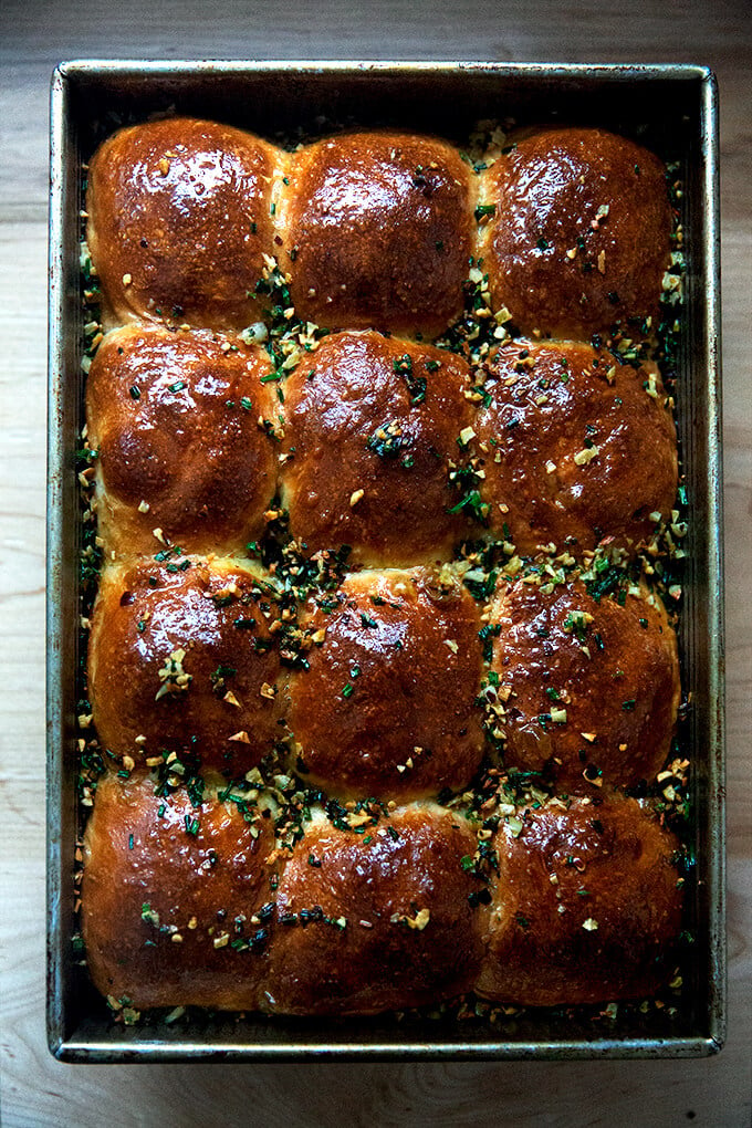 Garlicky brioche pull-apart rolls.