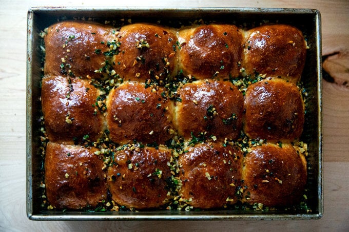 Garlicky brioche pull-apart rolls.