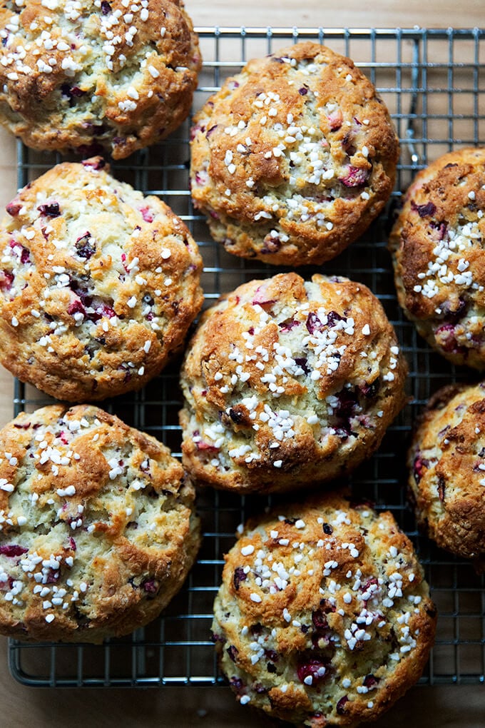 Just-baked cranberry scones on a cooling rack.