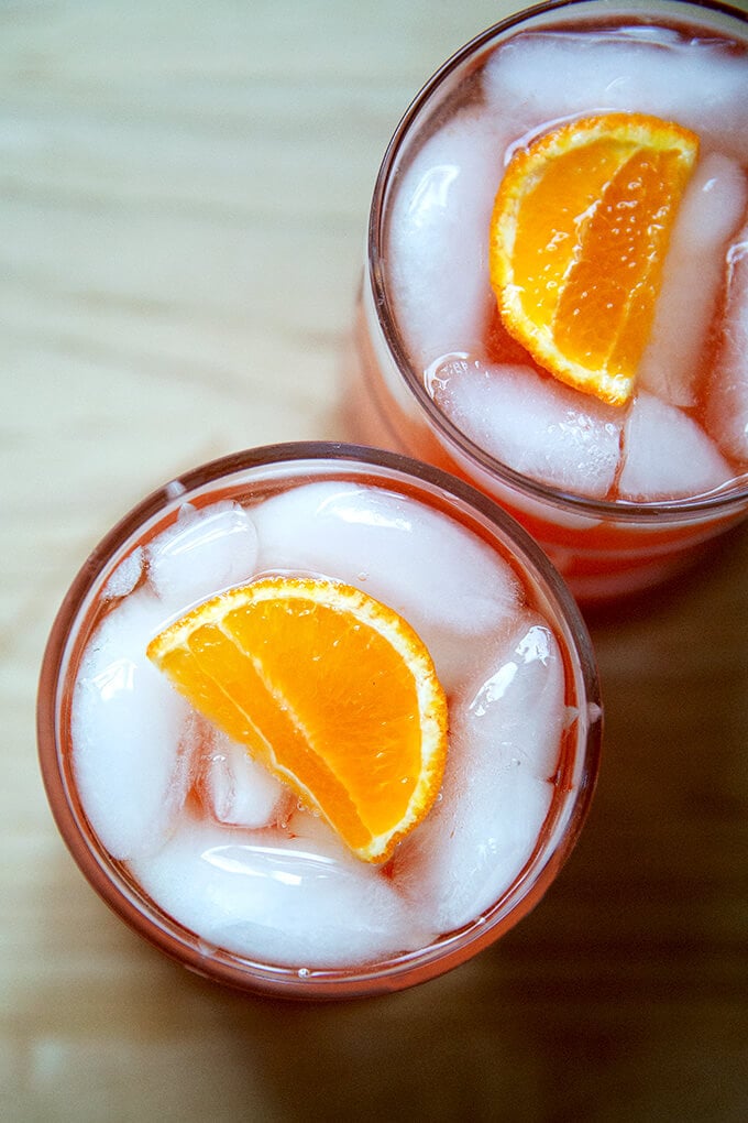 Two glasses of a Tangerine spritz, overhead view.