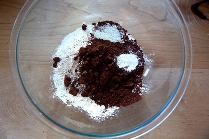 Dry ingredients in a bowl for chocolate sugar cookies.