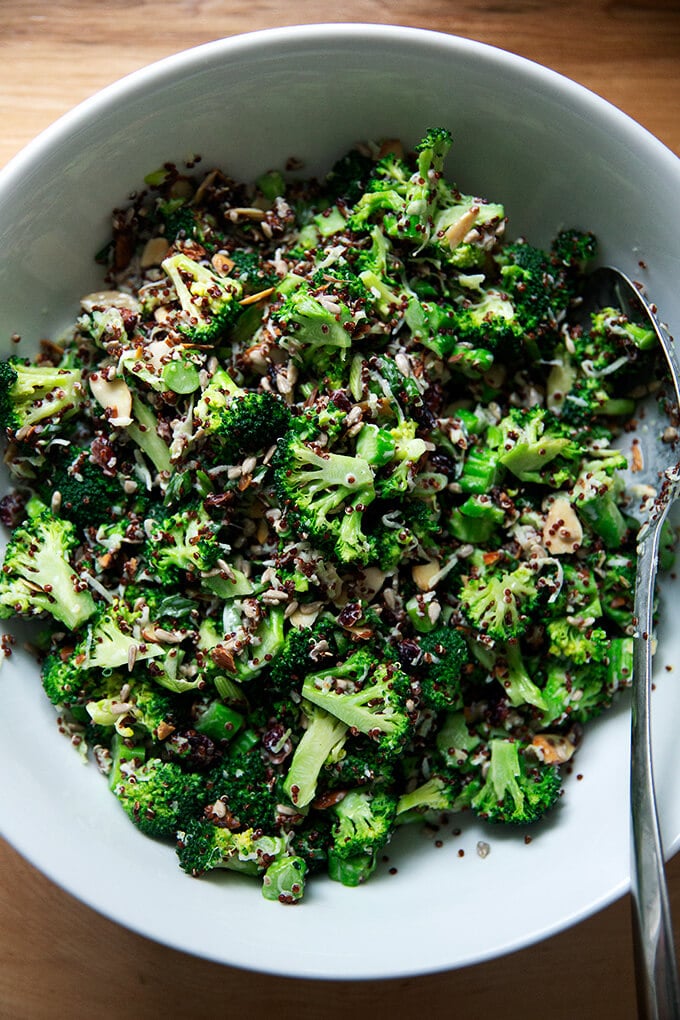 Broccoli crunch salad in a large serving bowl.