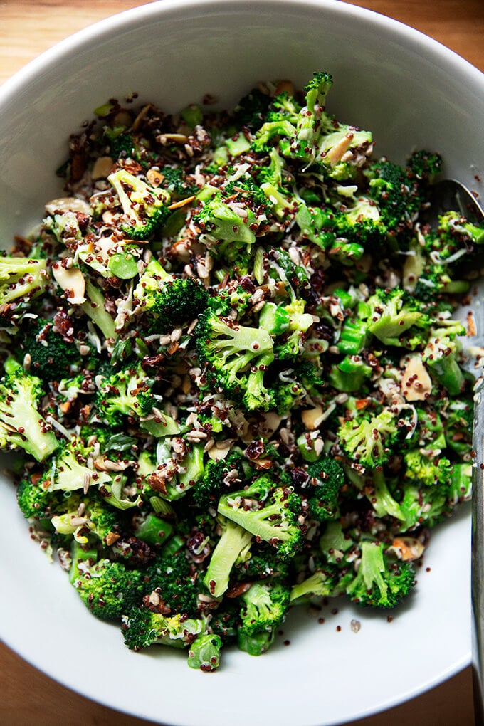 Broccoli crunch salad in a large serving bowl.