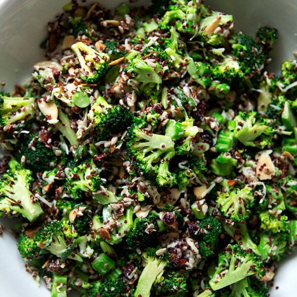 Broccoli crunch salad in a large serving bowl.