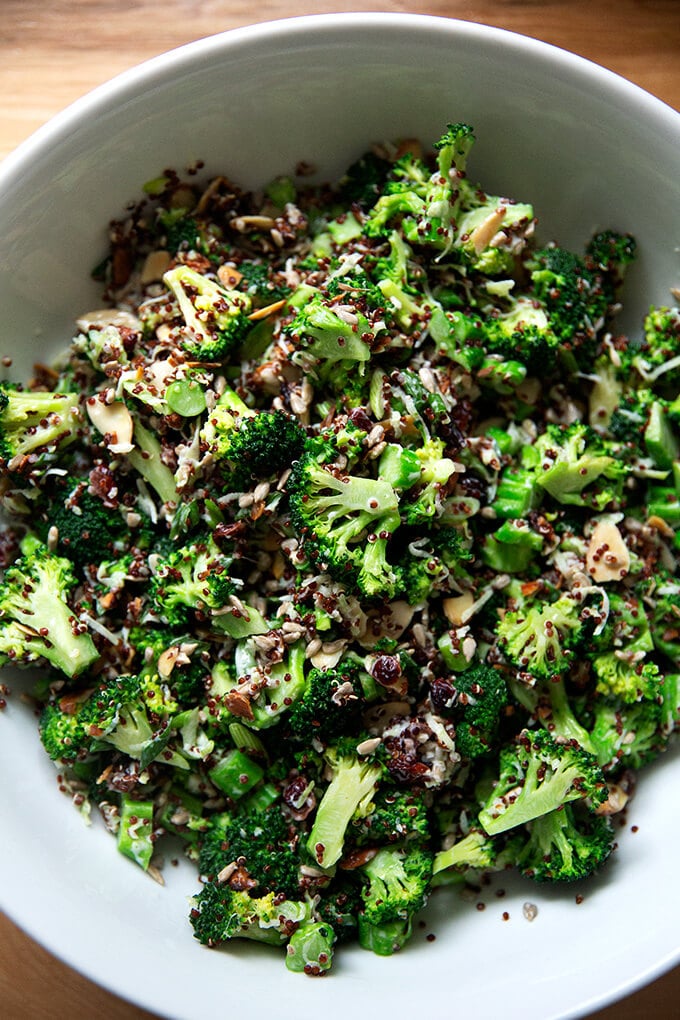 Broccoli crunch salad in a large serving bowl.