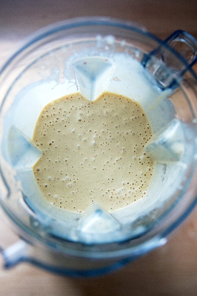 Tahini dressing blended in a blender.