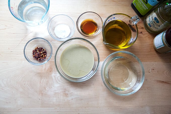 Ingredients measured for tahini dressing.