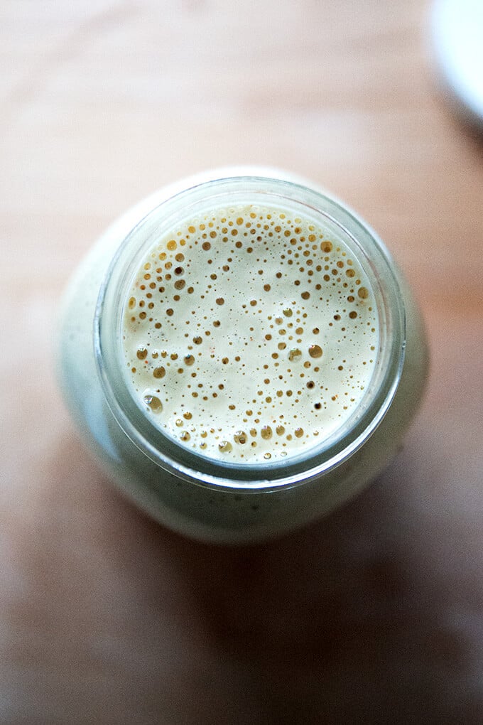 Overhead shot of large batch tahini dressing.