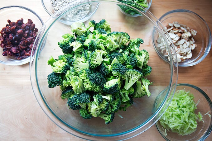 Prepped ingredients for broccoli salad.