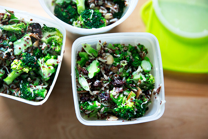 Broccoli crunch salad in storage vessels.