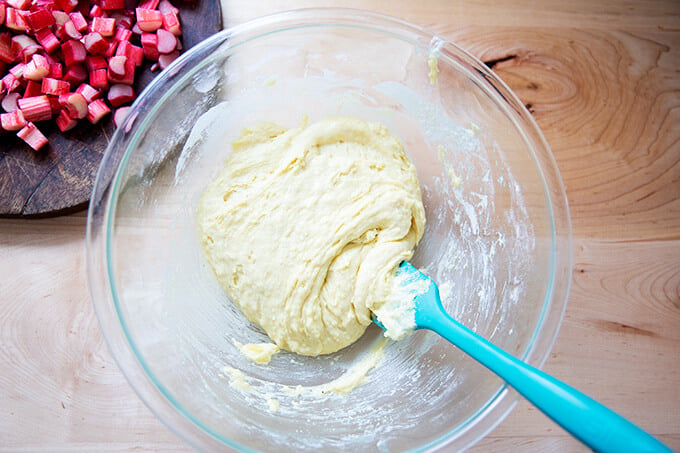 Just-mixed batter for the rhubarb buckle.