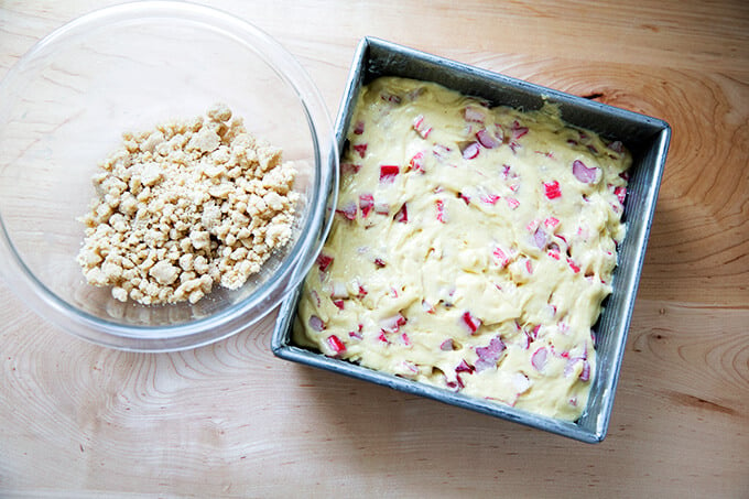 Batter for the rhubarb buckle in a square pan.