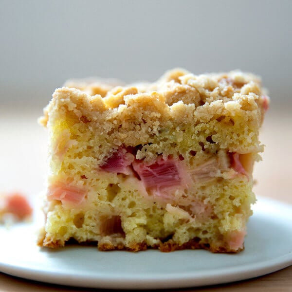 Rhubarb buckle on a plate.