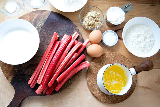 The ingredients to make rhubarb buckle.