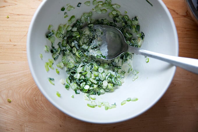 Dressing to make egg salad in a bowl.